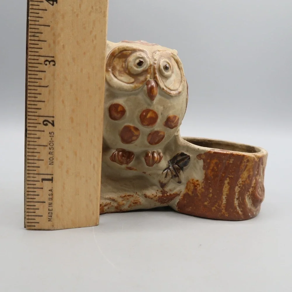 Vintage Bird Owl Sitting on Log Candle Holder Brown Ceramic by Counterpoint